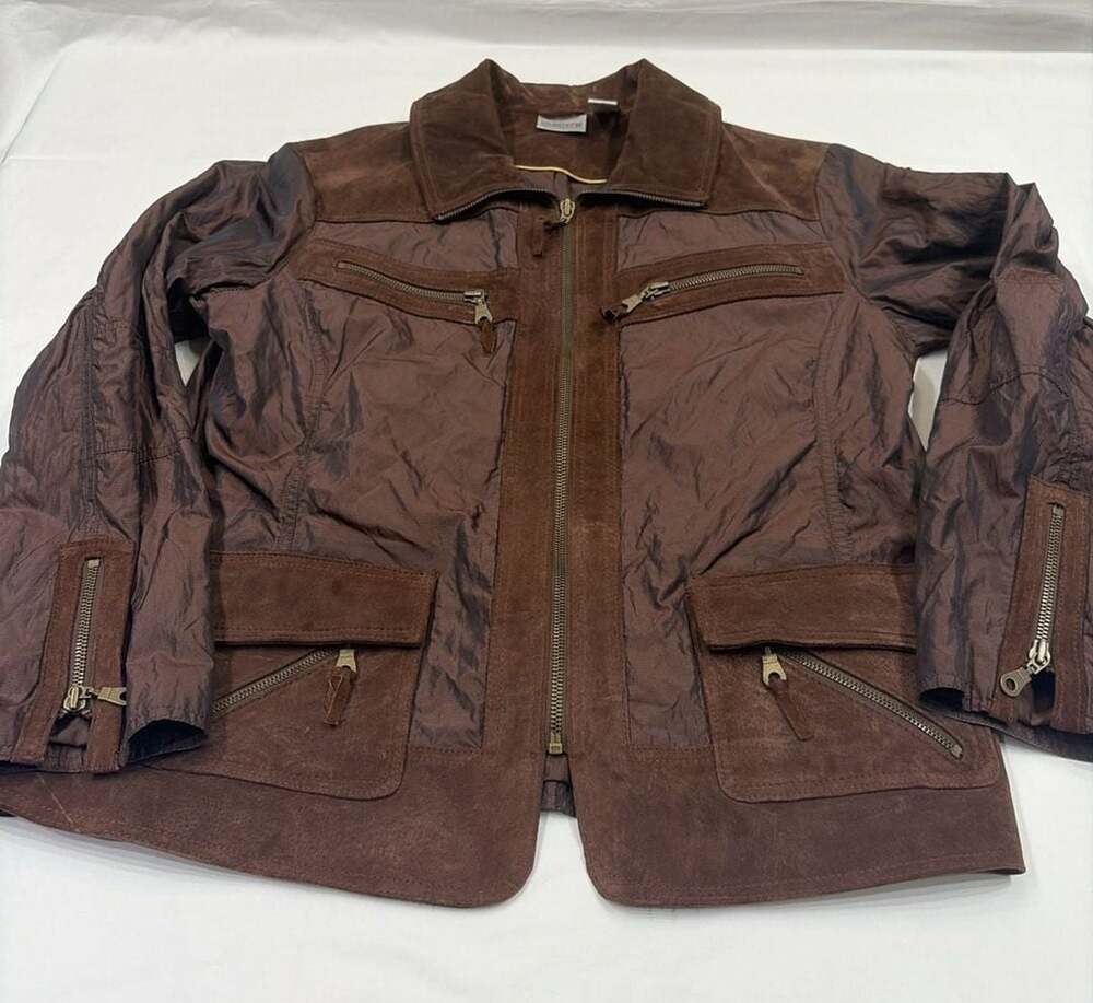 Chico's Women's Brown Nylon/Genuine Leather Trim Full-Zip Utility Jacket Size 2